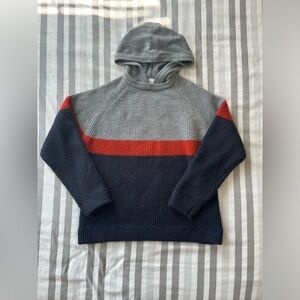 multicolored striped knit sweater with hood